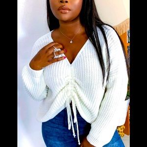 Beautiful Bow Drawstring V-Neck Rib Knit Fold Ruched Design White Sweater